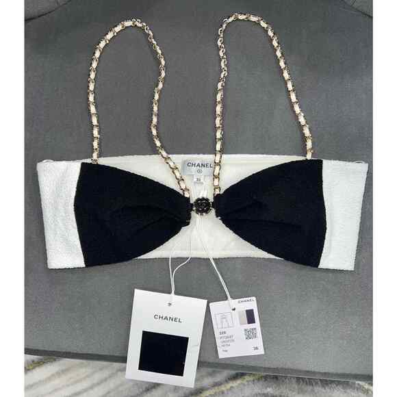 Chanel 22S Runway Black White Gold Chain CC Logo Stretch Cotton Crepe Top Bra 36 - Picture 6 of 12